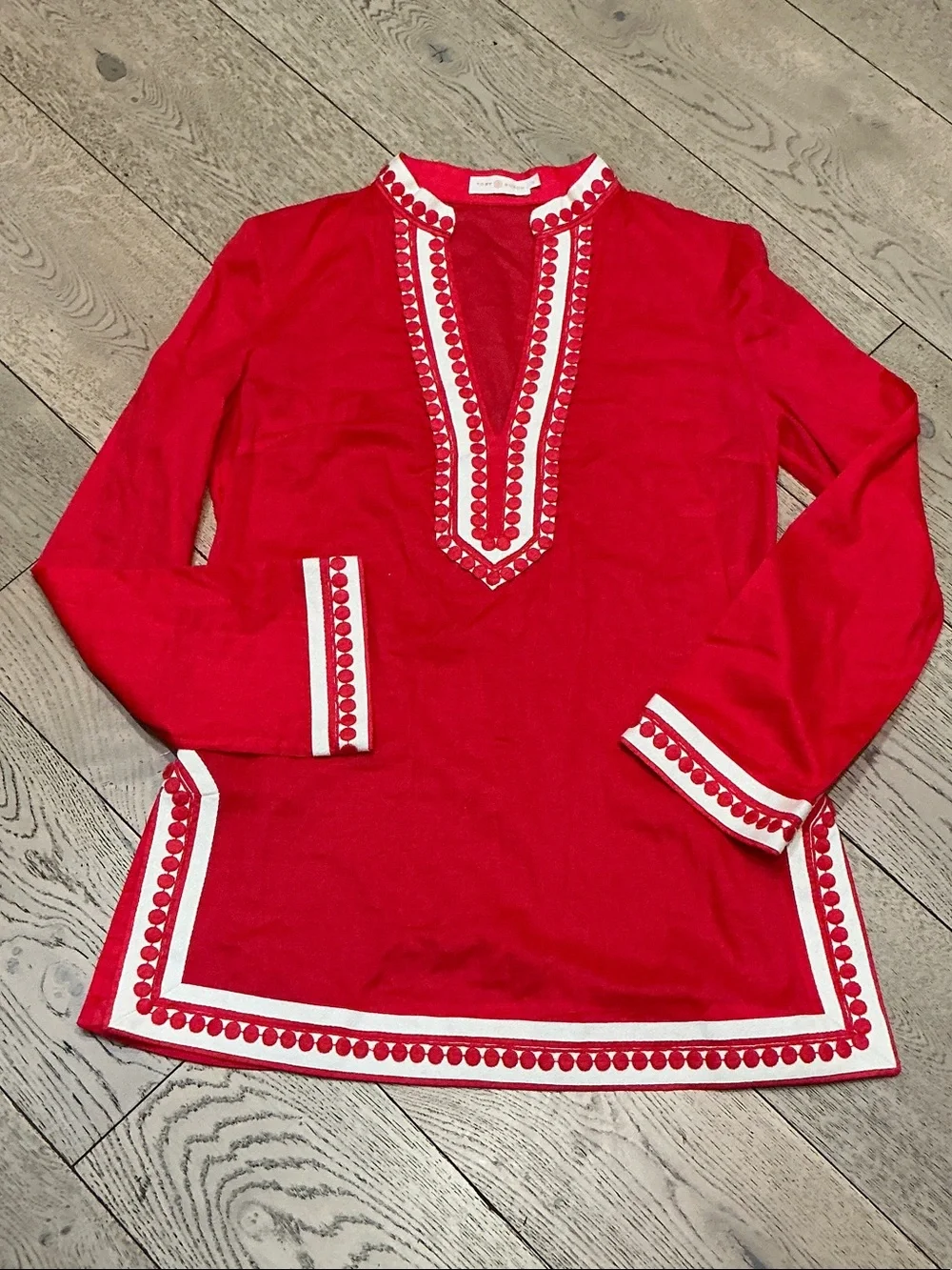 Woman’s Tory Burch red tunic top. Small. V neck. Side zipper. Barely worn! Cute!